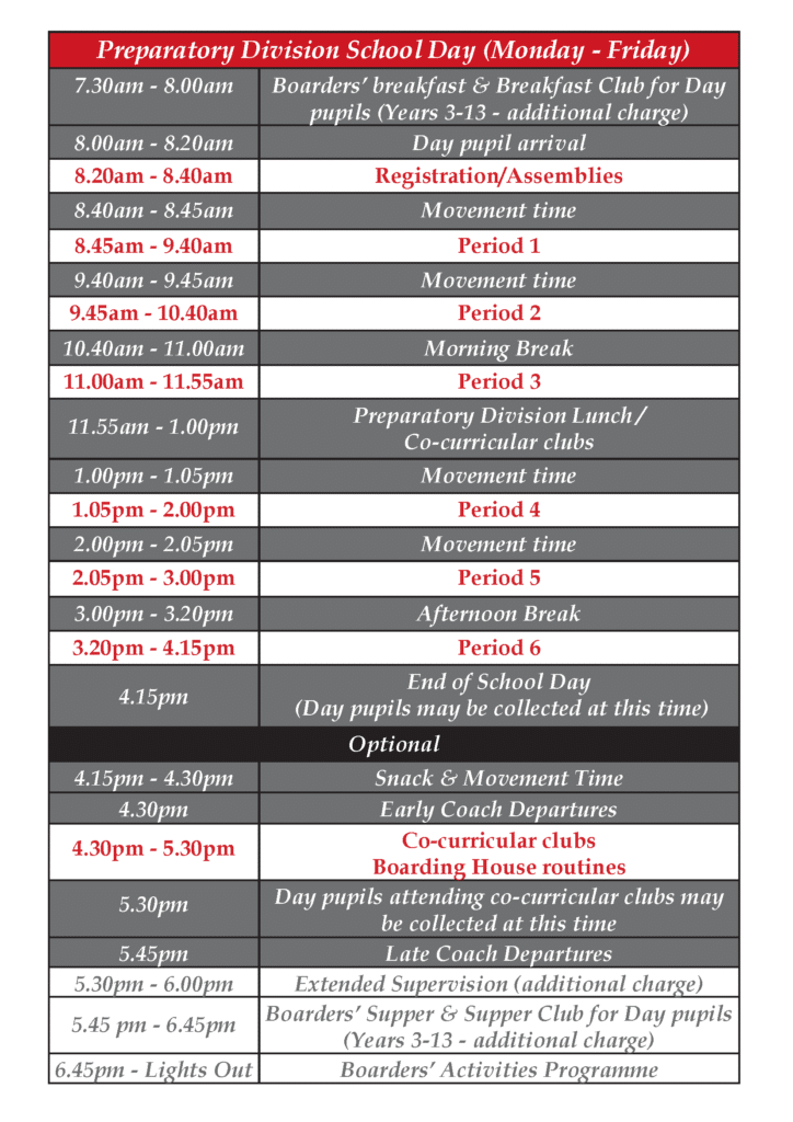 Prep School Day Timetable