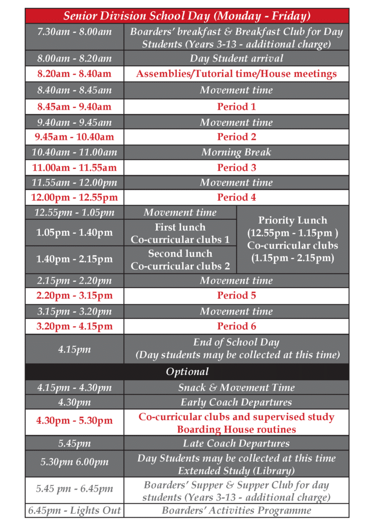 Senior School Day Timetable